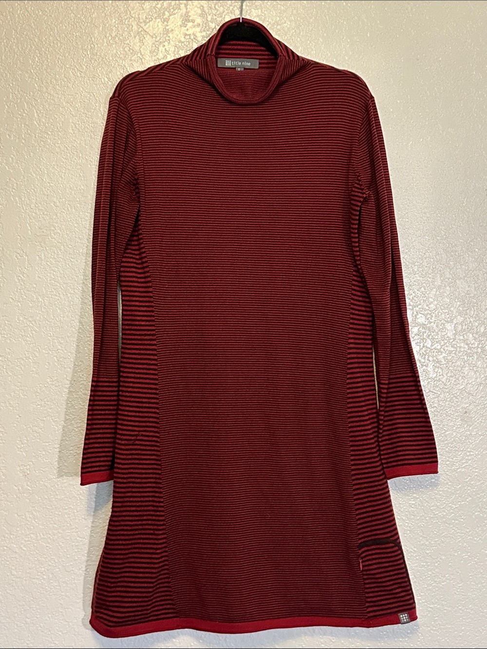 Title Nine Red and Black Striped Turtleneck Knit Dress GUC L